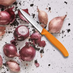 A close-up shows a Victorinox Swiss Classic 3.9-inch paring knife with a serrated blade and orange handle, perfect for precision cutting of fruits and vegetables in the kitchen.