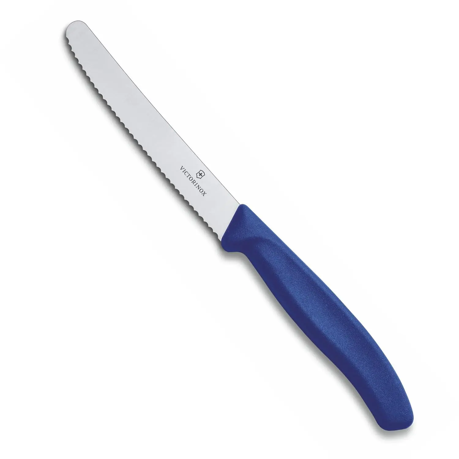 A blue-handled Victorinox Swiss Classic tomato knife with a wavy edge is displayed, highlighting its precision and sharpness for effortless slicing.