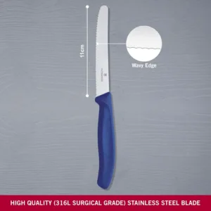 A blue-handled Victorinox Swiss Classic tomato knife with a wavy edge is displayed, highlighting its precision and sharpness for effortless slicing.