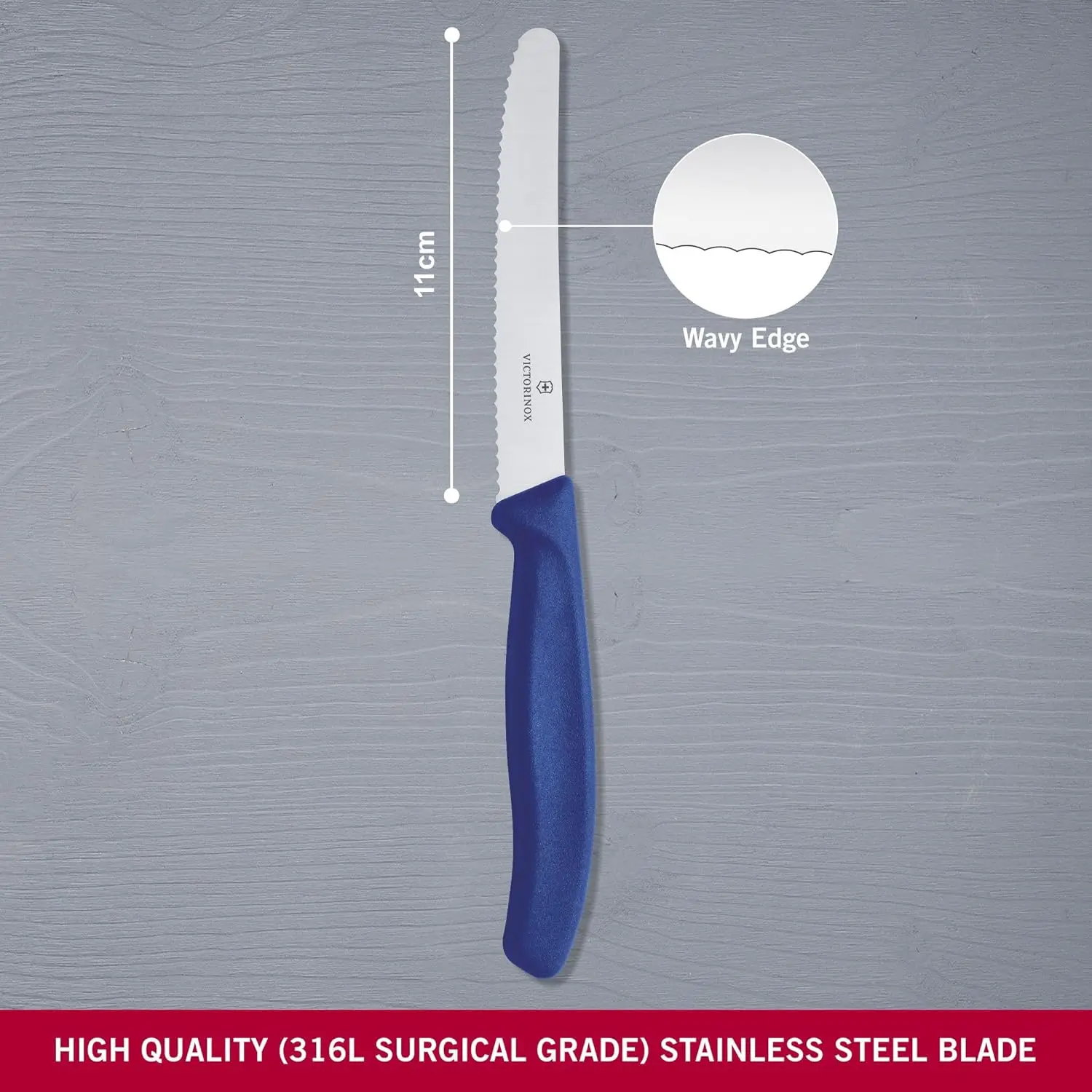 A blue-handled Victorinox Swiss Classic tomato knife with a wavy edge is displayed, highlighting its precision and sharpness for effortless slicing.