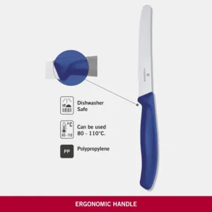 A blue-handled Victorinox Swiss Classic tomato knife with a wavy edge is displayed, highlighting its precision and sharpness for effortless slicing.