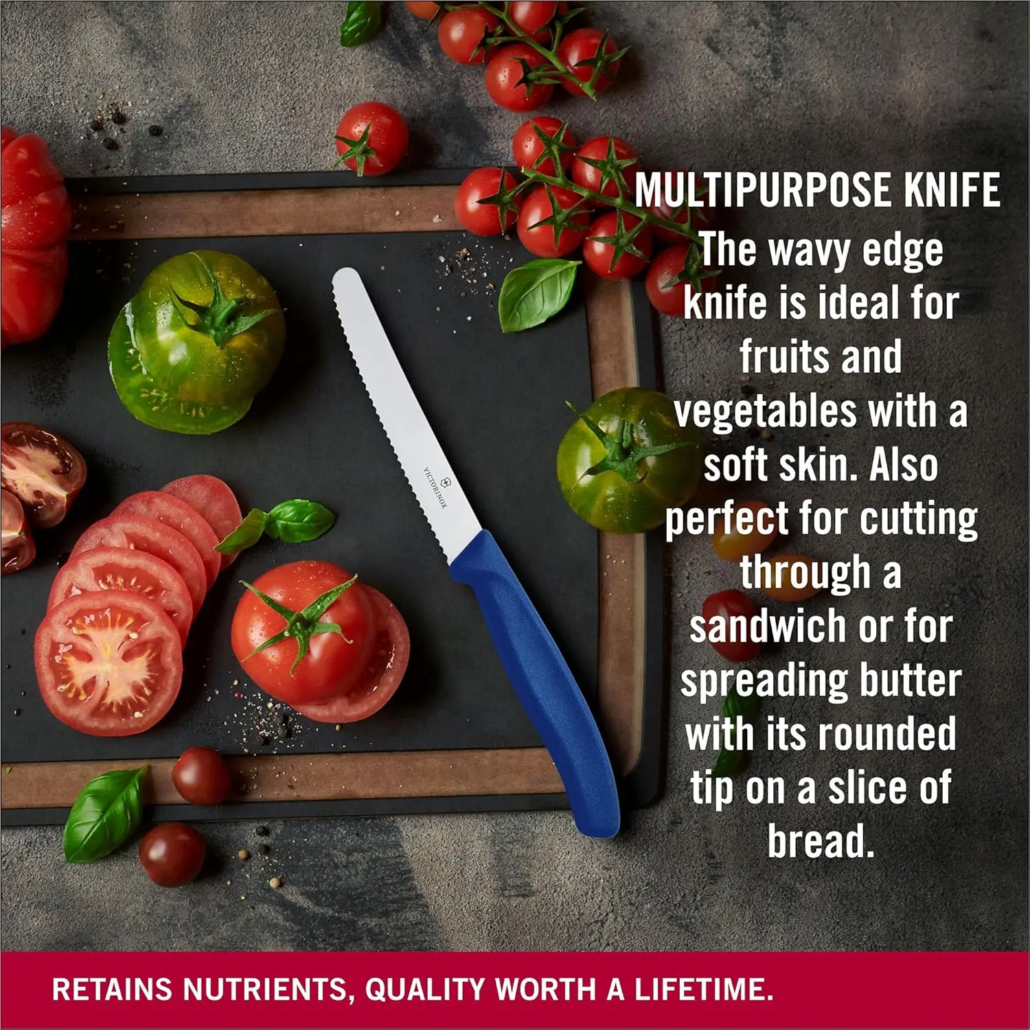 A blue-handled Victorinox Swiss Classic tomato knife with a wavy edge is displayed, highlighting its precision and sharpness for effortless slicing.