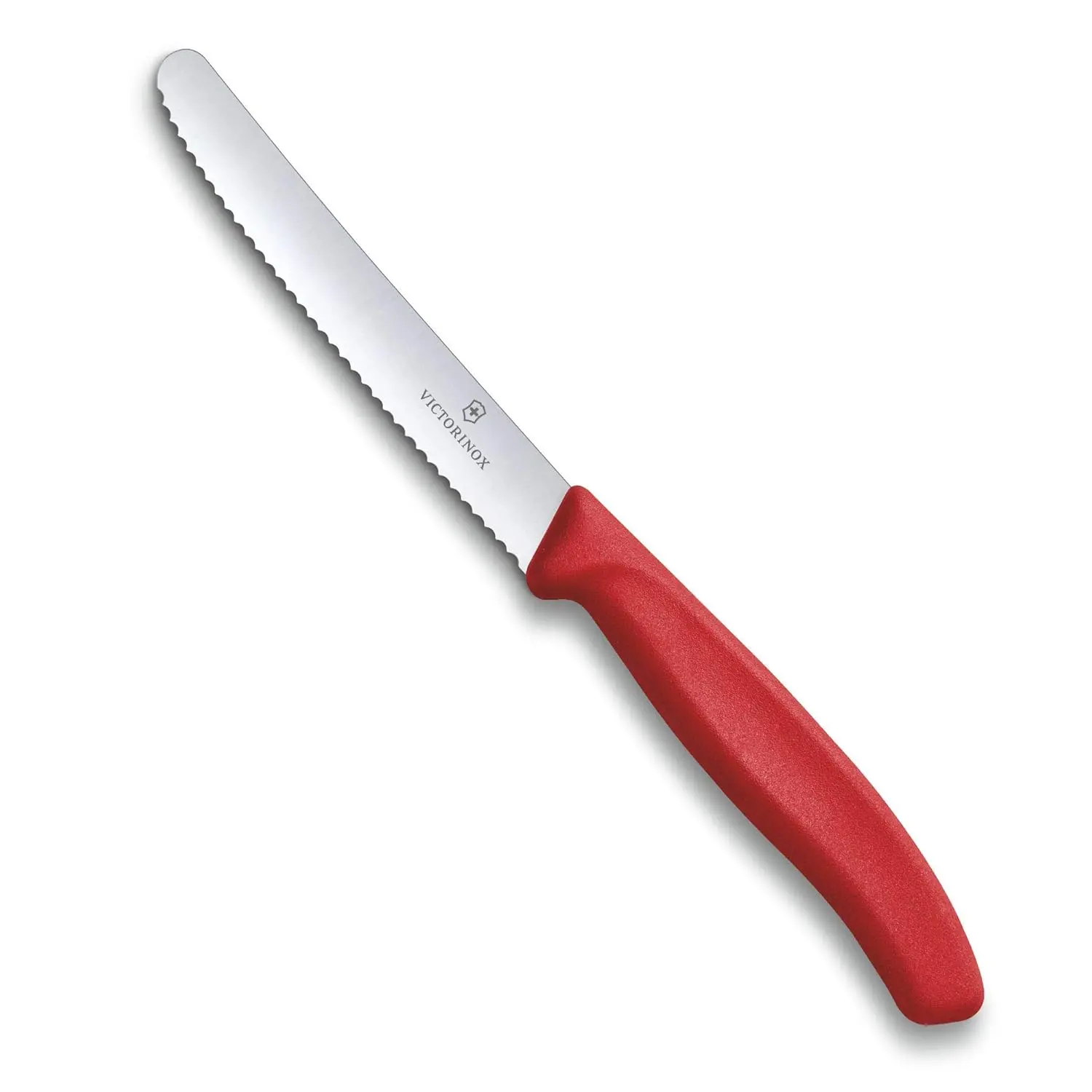 A blue-handled Victorinox Swiss Classic tomato knife with a wavy edge is displayed, highlighting its precision and sharpness for effortless slicing.