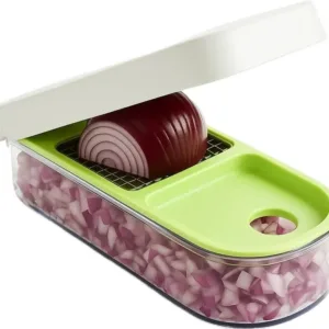 The Vidalia Chop Wizard quickly chops and dices vegetables, fruits, and cheeses with included super sharp insert discs, and it features a catch container that doubles as a measuring cup.