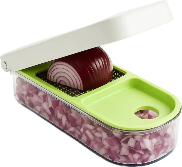The Vidalia Chop Wizard quickly chops and dices vegetables, fruits, and cheeses with included super sharp insert discs, and it features a catch container that doubles as a measuring cup.
