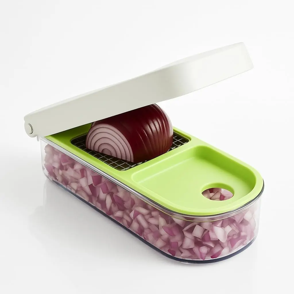 The Vidalia Chop Wizard quickly chops and dices vegetables, fruits, and cheeses with included super sharp insert discs, and it features a catch container that doubles as a measuring cup.