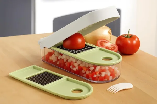 The Vidalia Chop Wizard quickly chops and dices vegetables, fruits, and cheeses with included super sharp insert discs, and it features a catch container that doubles as a measuring cup.