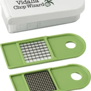 The Vidalia Chop Wizard quickly chops and dices vegetables, fruits, and cheeses with included super sharp insert discs, and it features a catch container that doubles as a measuring cup.