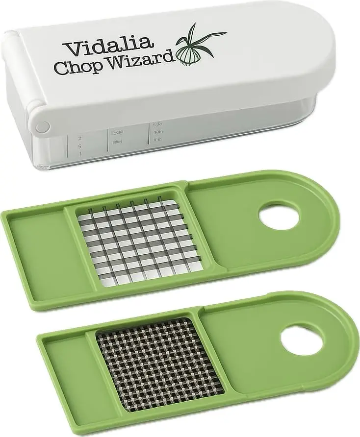The Vidalia Chop Wizard quickly chops and dices vegetables, fruits, and cheeses with included super sharp insert discs, and it features a catch container that doubles as a measuring cup.