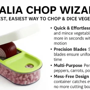 The Vidalia Chop Wizard quickly chops and dices vegetables, fruits, and cheeses with included super sharp insert discs, and it features a catch container that doubles as a measuring cup.