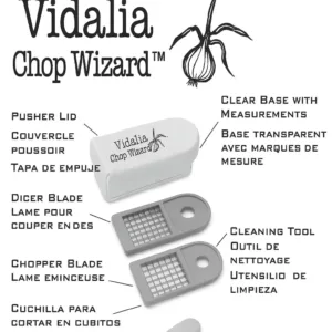 The Vidalia Chop Wizard quickly chops and dices vegetables, fruits, and cheeses with included super sharp insert discs, and it features a catch container that doubles as a measuring cup.