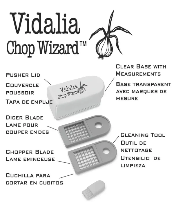 The Vidalia Chop Wizard quickly chops and dices vegetables, fruits, and cheeses with included super sharp insert discs, and it features a catch container that doubles as a measuring cup.