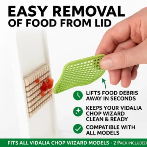 Two Vidalia Chop Wizard EZ Lift Cleaning Tabs help to easily remove food stuck in the lid of all Vidalia Chop Wizard chopper models.