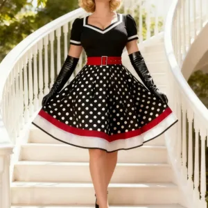 A woman poses in a Nihsatin vintage 1950s-style rockabilly swing dress, featuring a square neck, classic short sleeves, a fit and flare silhouette, and a removable belt, perfect for parties and special occasions.