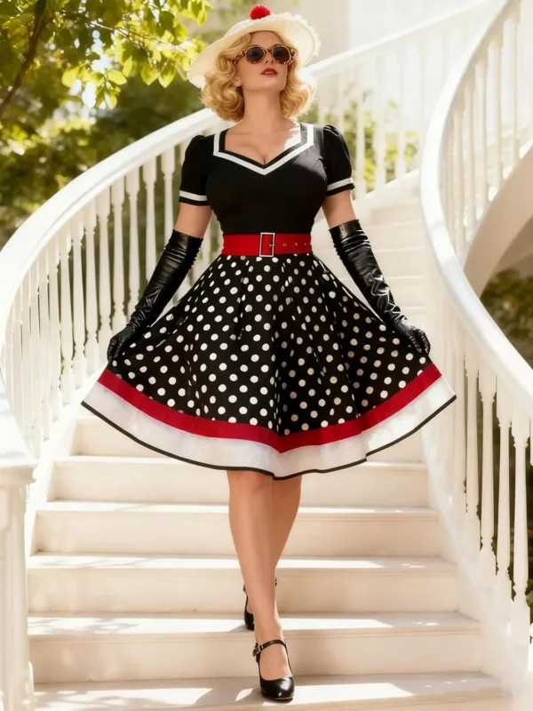 A woman poses in a Nihsatin vintage 1950s-style rockabilly swing dress, featuring a square neck, classic short sleeves, a fit and flare silhouette, and a removable belt, perfect for parties and special occasions.