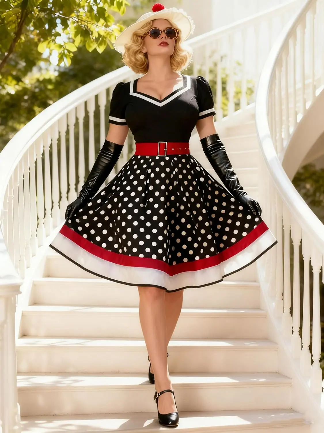 A woman poses in a Nihsatin vintage 1950s-style rockabilly swing dress, featuring a square neck, classic short sleeves, a fit and flare silhouette, and a removable belt, perfect for parties and special occasions.