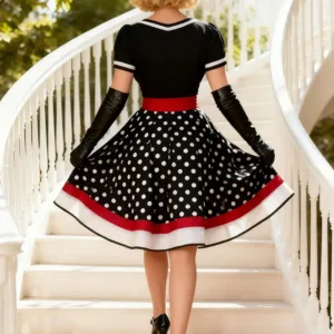 A woman poses in a Nihsatin vintage 1950s-style rockabilly swing dress, featuring a square neck, classic short sleeves, a fit and flare silhouette, and a removable belt, perfect for parties and special occasions.