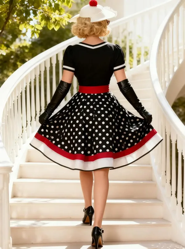 A woman poses in a Nihsatin vintage 1950s-style rockabilly swing dress, featuring a square neck, classic short sleeves, a fit and flare silhouette, and a removable belt, perfect for parties and special occasions.