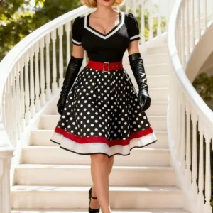 A woman poses in a Nihsatin vintage 1950s-style rockabilly swing dress, featuring a square neck, classic short sleeves, a fit and flare silhouette, and a removable belt, perfect for parties and special occasions.