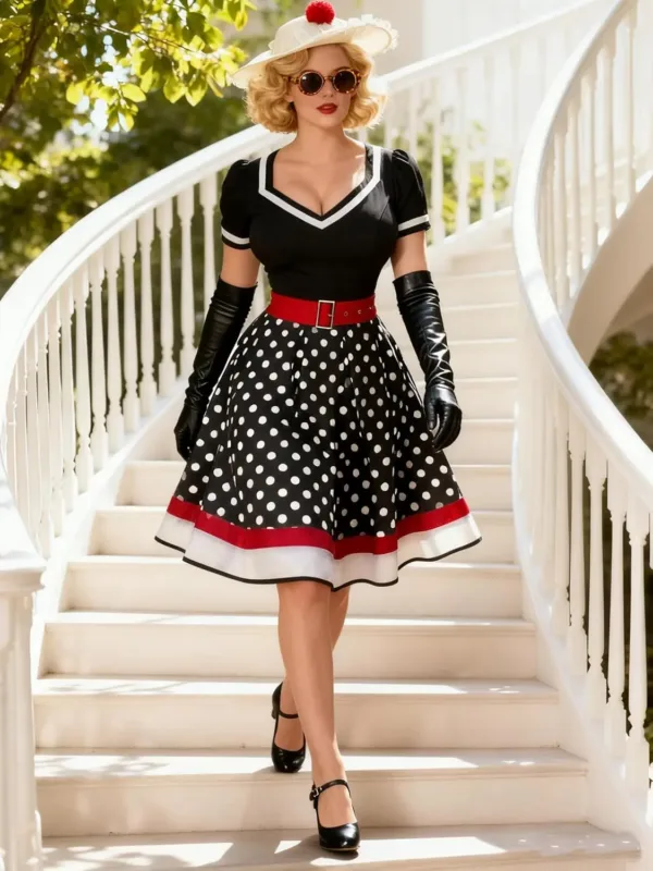 A woman poses in a Nihsatin vintage 1950s-style rockabilly swing dress, featuring a square neck, classic short sleeves, a fit and flare silhouette, and a removable belt, perfect for parties and special occasions.