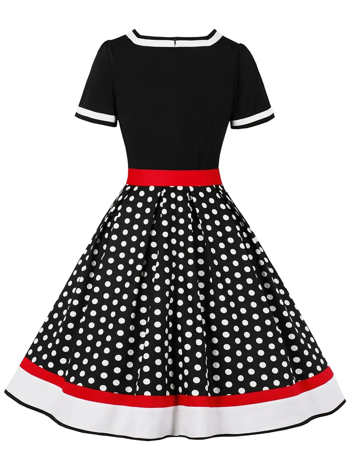 A woman poses in a Nihsatin vintage 1950s-style rockabilly swing dress, featuring a square neck, classic short sleeves, a fit and flare silhouette, and a removable belt, perfect for parties and special occasions.
