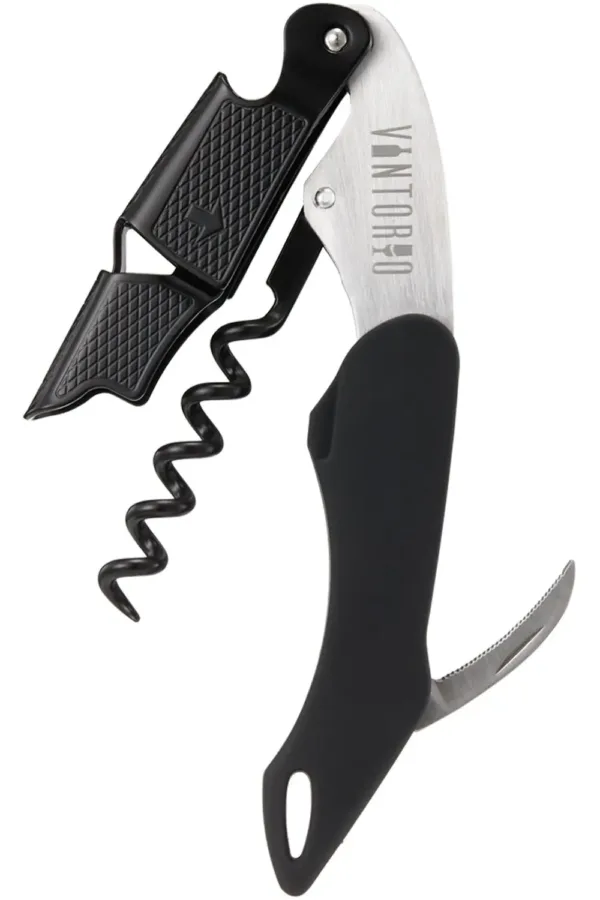 The Vintorio waiters corkscrew features an ergonomic rubber grip, a sturdy bottle opener, and a foil cutter for effortless wine opening.