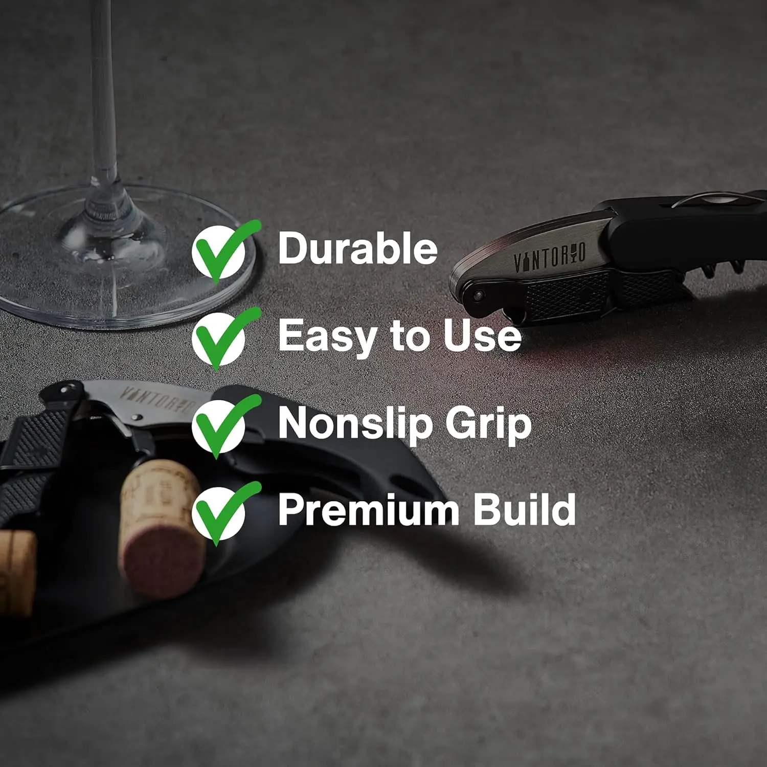 The Vintorio waiters corkscrew features an ergonomic rubber grip, a sturdy bottle opener, and a foil cutter for effortless wine opening.