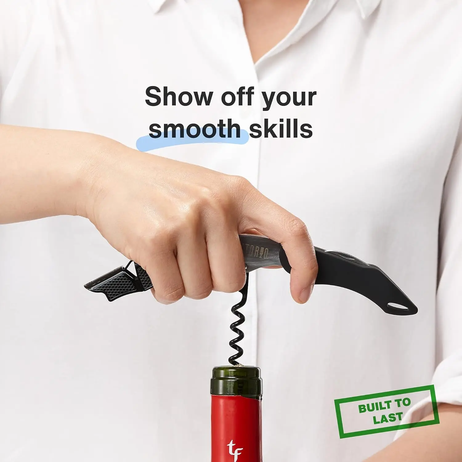 The Vintorio waiters corkscrew features an ergonomic rubber grip, a sturdy bottle opener, and a foil cutter for effortless wine opening.
