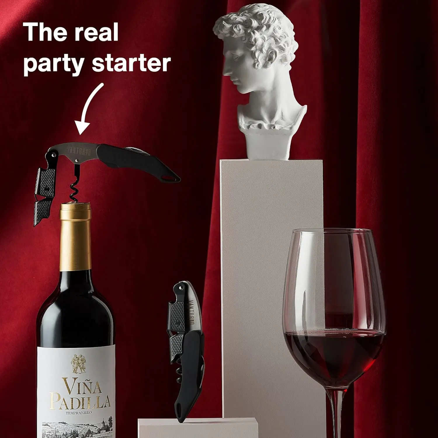 The Vintorio waiters corkscrew features an ergonomic rubber grip, a sturdy bottle opener, and a foil cutter for effortless wine opening.