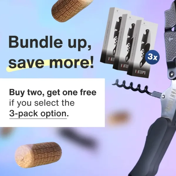 The Vintorio waiters corkscrew features an ergonomic rubber grip, a sturdy bottle opener, and a foil cutter for effortless wine opening.