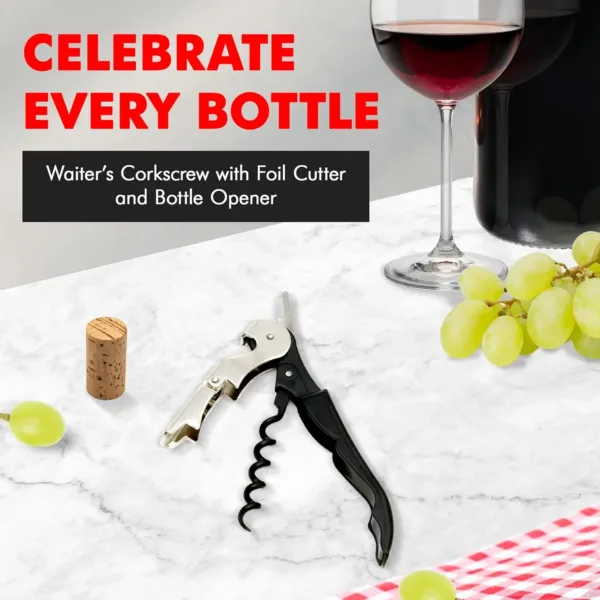 This 5-inch Chef Craft waiters corkscrew features a built-in foil cutter and bottle opener, a two-step design for easy cork removal, and a sharp screw for effortless cork cutting; top rack dishwasher safe.