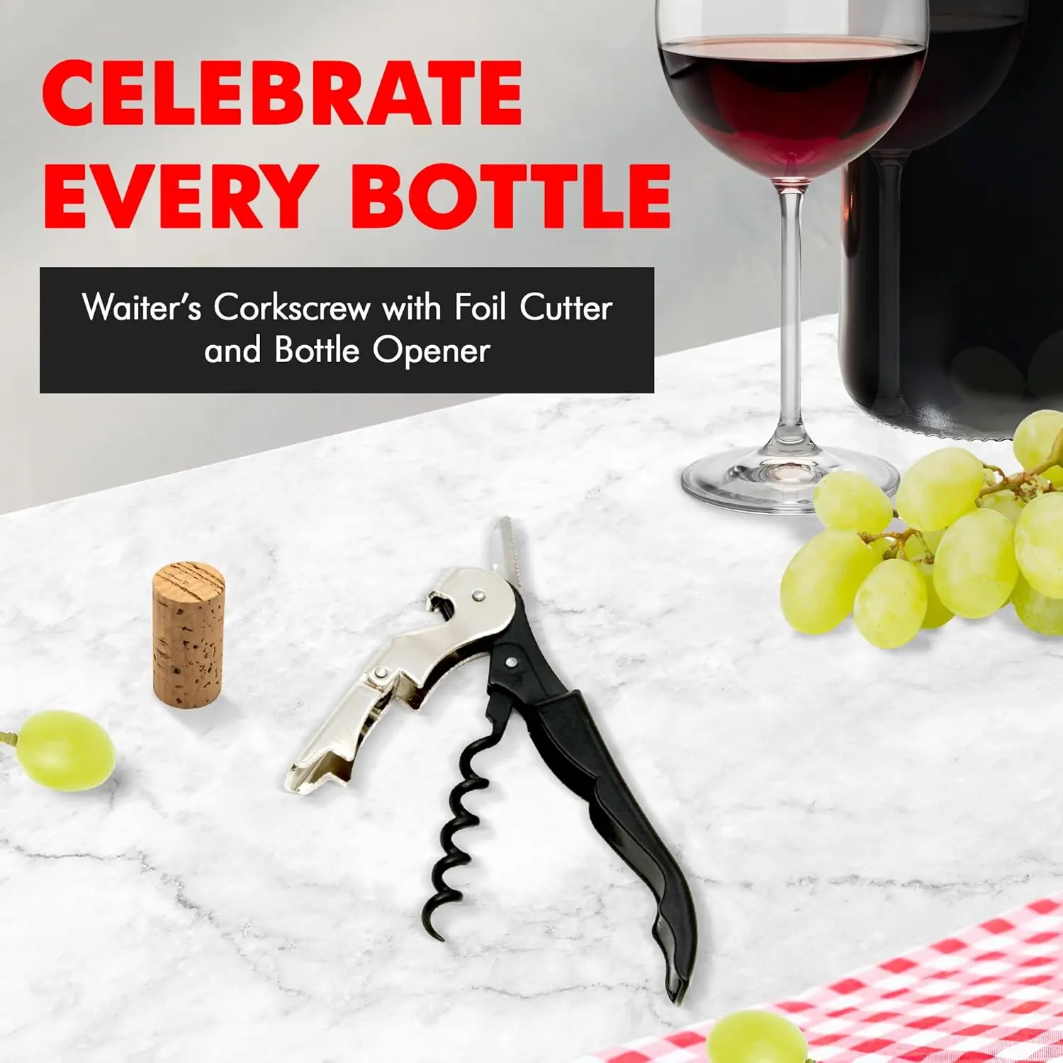 This 5-inch Chef Craft waiters corkscrew features a built-in foil cutter and bottle opener, a two-step design for easy cork removal, and a sharp screw for effortless cork cutting; top rack dishwasher safe.