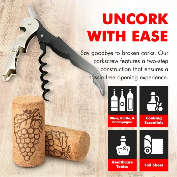 This 5-inch Chef Craft waiters corkscrew features a built-in foil cutter and bottle opener, a two-step design for easy cork removal, and a sharp screw for effortless cork cutting; top rack dishwasher safe.