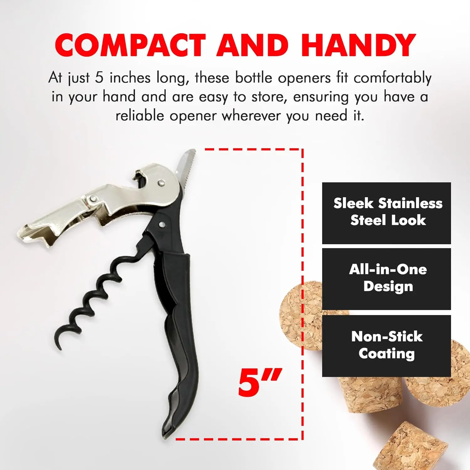 This 5-inch Chef Craft waiters corkscrew features a built-in foil cutter and bottle opener, a two-step design for easy cork removal, and a sharp screw for effortless cork cutting; top rack dishwasher safe.