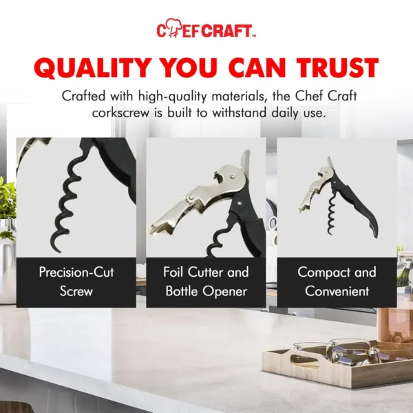This 5-inch Chef Craft waiters corkscrew features a built-in foil cutter and bottle opener, a two-step design for easy cork removal, and a sharp screw for effortless cork cutting; top rack dishwasher safe.