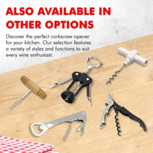 This 5-inch Chef Craft waiters corkscrew features a built-in foil cutter and bottle opener, a two-step design for easy cork removal, and a sharp screw for effortless cork cutting; top rack dishwasher safe.
