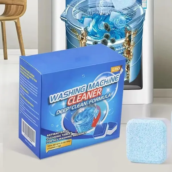 A twelve-pack of washing machine cleaner tablets effectively cleans and deodorizes all types of washing machines, including HE and standard models, maintaining a fresh and clean laundry experience.
