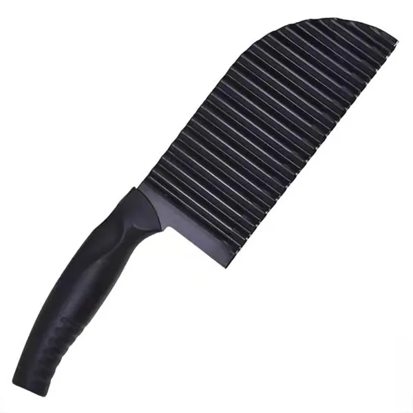 This wavy potato cutter makes crinkle fries and sliced vegetables with its stainless steel blade and anti-slip handle, perfect for fun and attractive cuts in the kitchen.