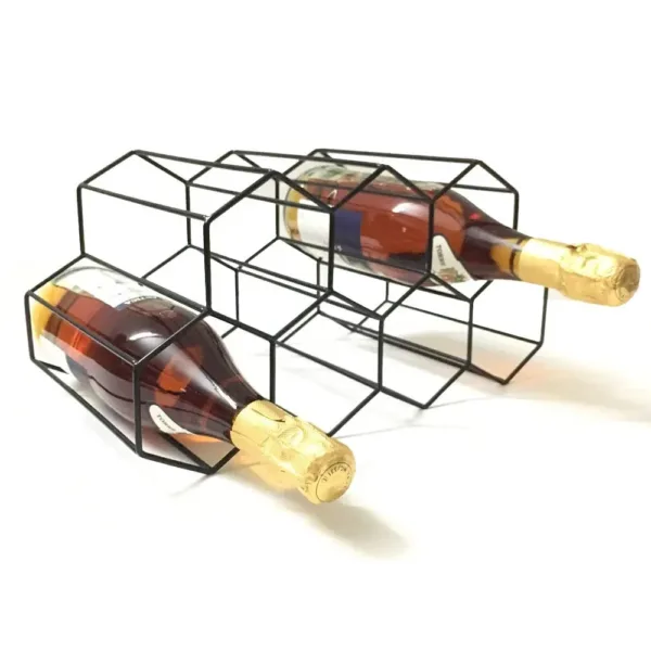 This modern countertop wine rack holds up to nine bottles and features a sleek black metal design; no assembly required.
