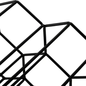 This modern countertop wine rack holds up to nine bottles and features a sleek black metal design; no assembly required.