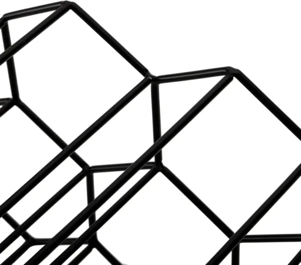 This modern countertop wine rack holds up to nine bottles and features a sleek black metal design; no assembly required.