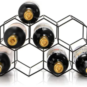 This modern countertop wine rack holds up to nine bottles and features a sleek black metal design; no assembly required.