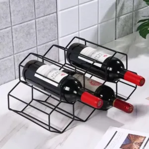 This modern countertop wine rack holds up to nine bottles and features a sleek black metal design; no assembly required.