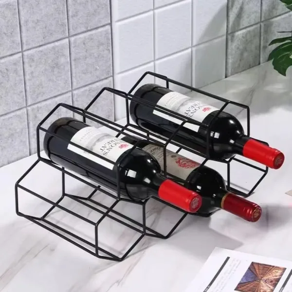 This modern countertop wine rack holds up to nine bottles and features a sleek black metal design; no assembly required.