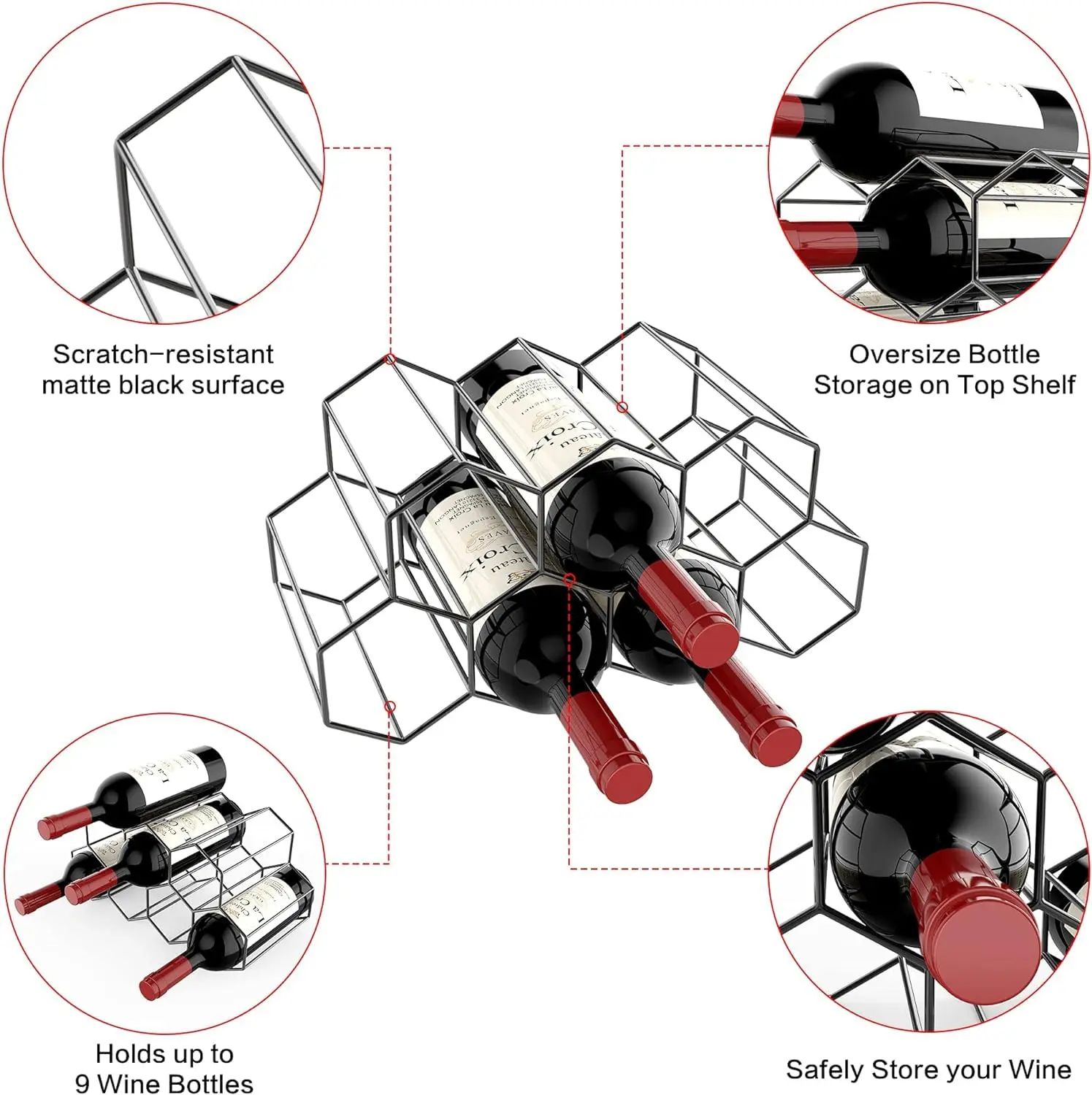 This modern countertop wine rack holds up to nine bottles and features a sleek black metal design; no assembly required.