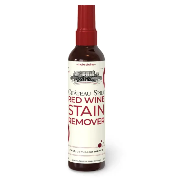 A bottle of Chateau Spill Wine Stain Remover Spray quickly and effectively removes red wine stains from clothing, carpets, and upholstery, and is EPA Safer Choice certified.
