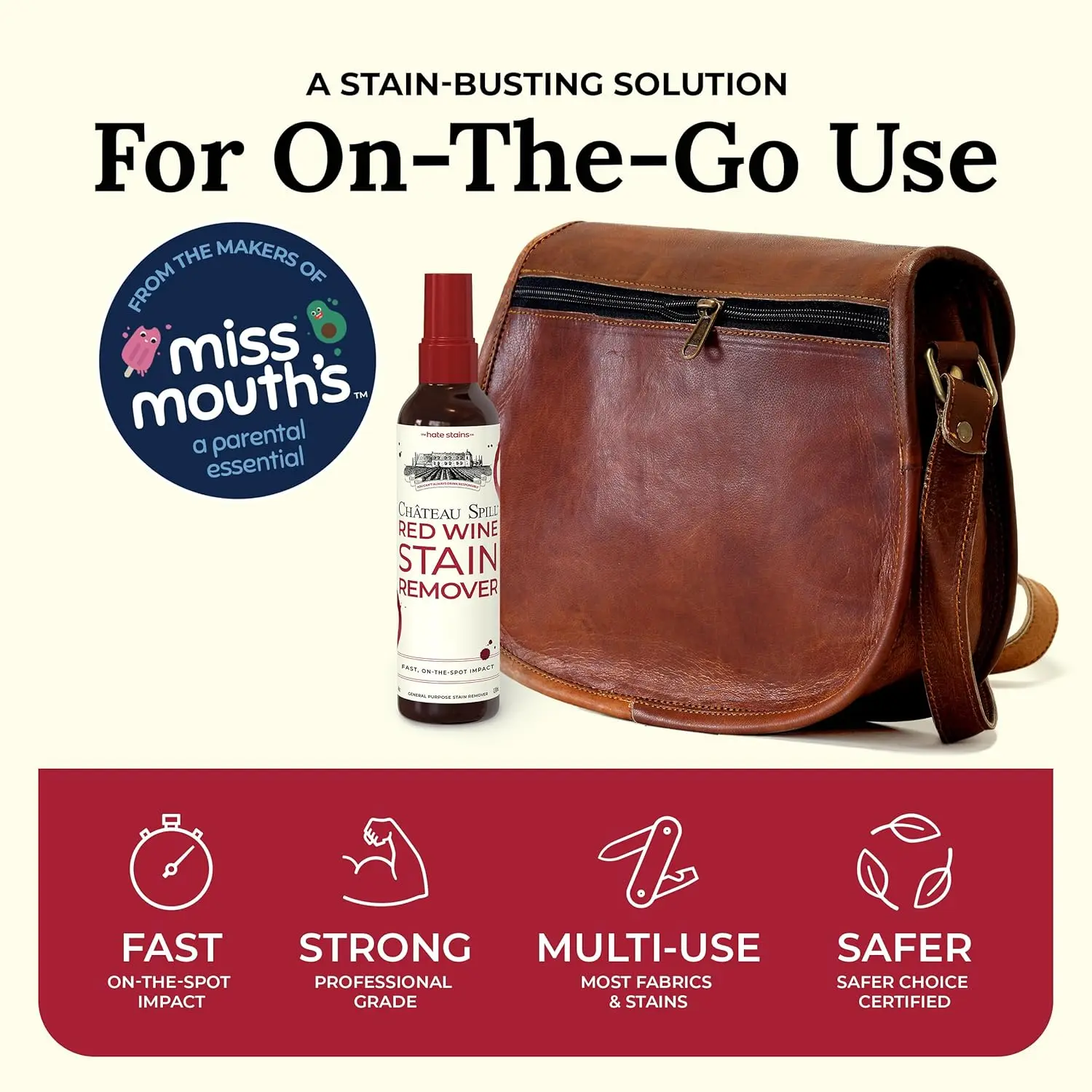 A bottle of Chateau Spill Wine Stain Remover Spray quickly and effectively removes red wine stains from clothing, carpets, and upholstery, and is EPA Safer Choice certified.