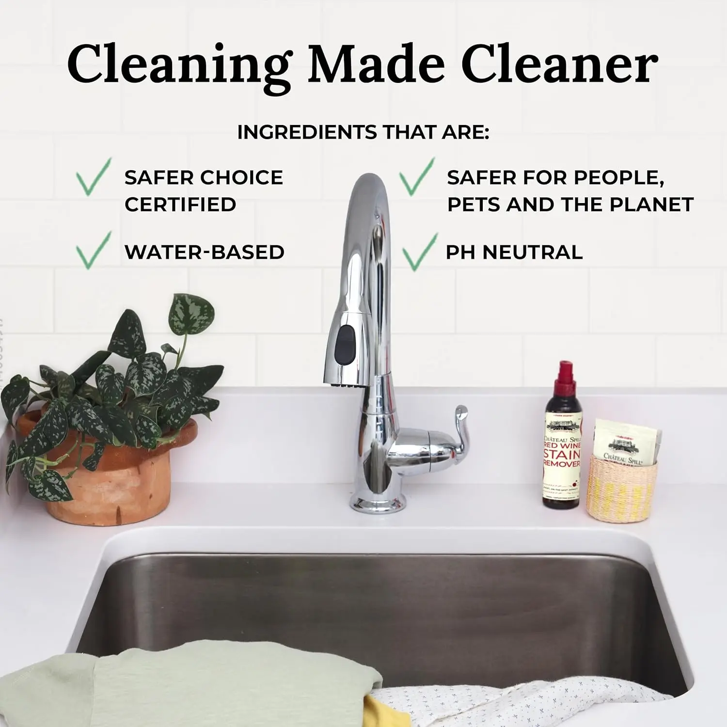 A bottle of Chateau Spill Wine Stain Remover Spray quickly and effectively removes red wine stains from clothing, carpets, and upholstery, and is EPA Safer Choice certified.