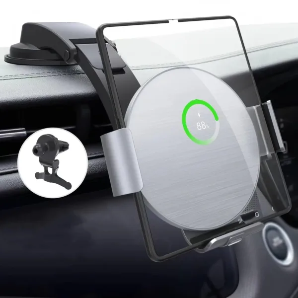 The NALACAL wireless car charger securely holds and charges a Samsung Galaxy Z Fold phone, featuring dual coils for efficient wireless charging and auto-clamping for one-handed operation in a car setting.