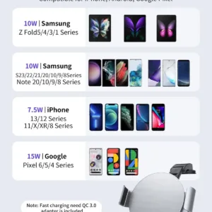 The NALACAL wireless car charger securely holds and charges a Samsung Galaxy Z Fold phone, featuring dual coils for efficient wireless charging and auto-clamping for one-handed operation in a car setting.